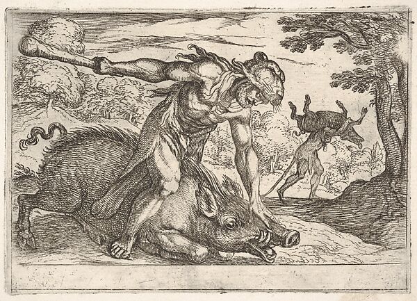 Hercules and the Boar of Erymanthus: Hercules holds down the boar's snout with his left hand and raises his club with his right hand, in the middle ground Hercules carries the boar on his shoulders, from the series 'The Labors of Hercules'