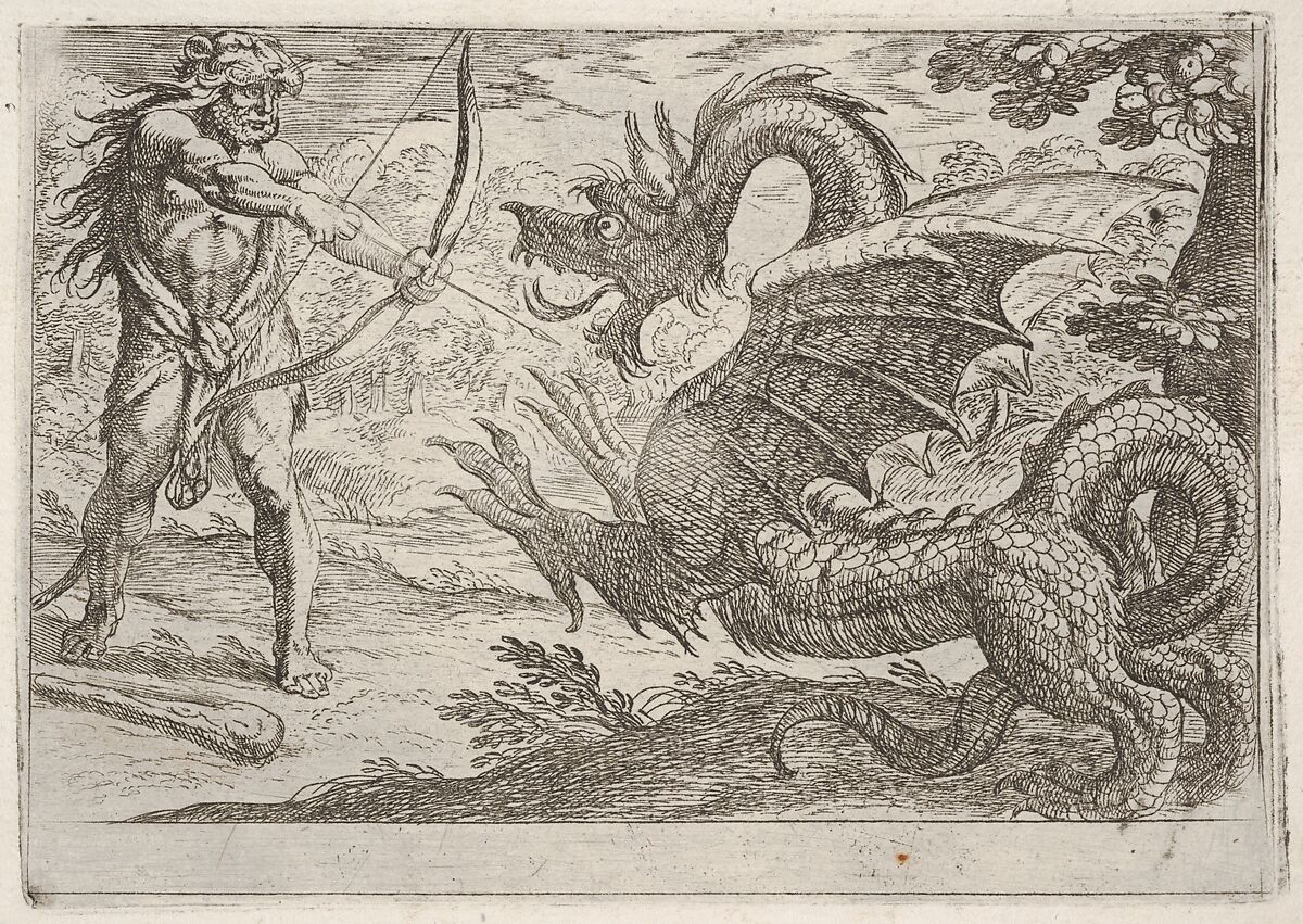 Hercules and the Serpent Ladon: Hercules draws his bow, the rearing serpent appears in profile, from the series 'The Labors of Hercules', Antonio Tempesta (Italian, Florence 1555–1630 Rome), Etching 