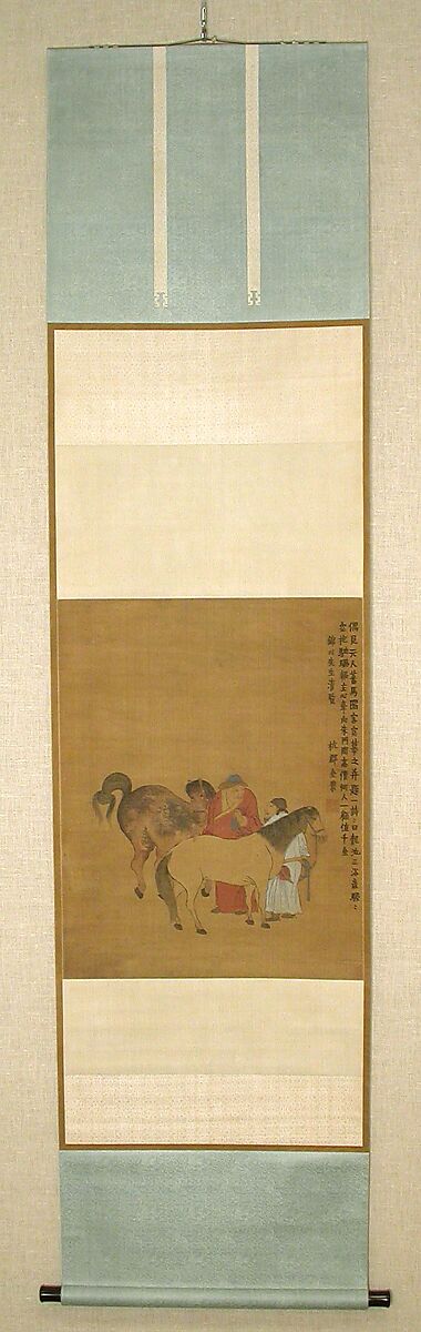 Grooms and Foreign Horses, After Jin Nong (Chinese, 1687–1773), Hanging scroll; ink and color on silk, China