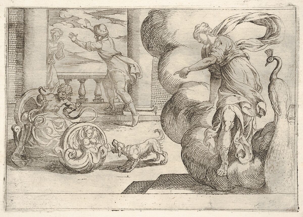 Hercules strangling the serpents: Hercules grasps two serpents in his crib, Juno points toward the serpents from a mass of cloud at right, from the series 'The Labors of Hercules', Antonio Tempesta (Italian, Florence 1555–1630 Rome), Etching 