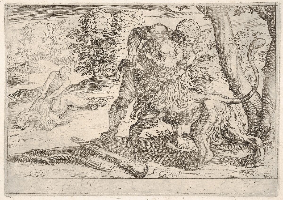 Hercules and the Nemean Lion: Hercules grasps the front right leg of the lion, which lifts its snout upward, in the middle ground Hercules pulls the skin from the lion's corpse, from the series 'The Labors of Hercules', Antonio Tempesta (Italian, Florence 1555–1630 Rome), Etching 