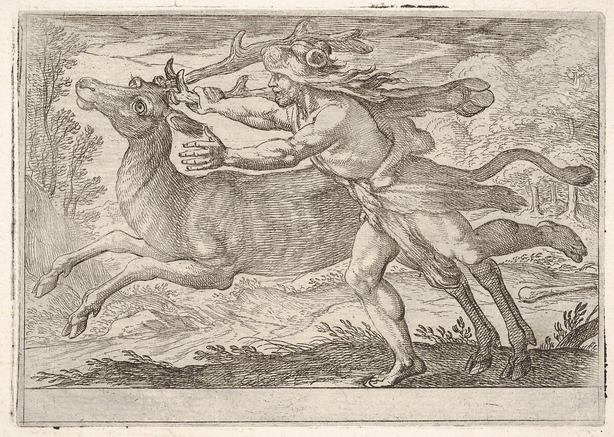 Hercules and the Hind of Mount Cerynea: Hercules strides alongside the hind and grasps the base of one antler with his right hand, from the series 'The Labors of Hercules', Antonio Tempesta (Italian, Florence 1555–1630 Rome), Etching 