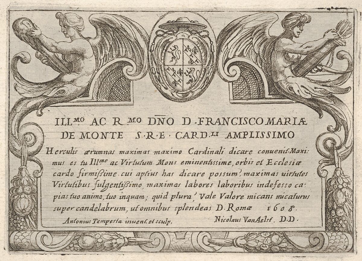 Title plate for the series 'The Labors of Hercules' with the arms of Cardinal Francesco Maria de Monte, Antonio Tempesta (Italian, Florence 1555–1630 Rome), Etching 