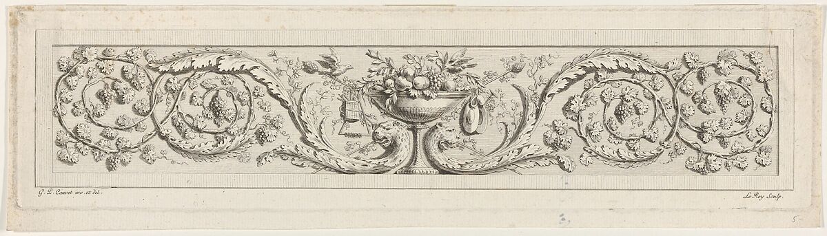 Design for a Frieze with Acanthus Scrolls and a Vase in the Center, Gilles Paul Cauvet (French, Aix 1731–1788 Paris), Etching 