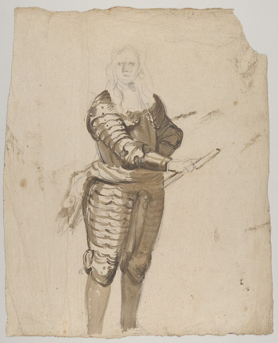 Study of a Standing Commander Holding a Staff; verso: Study of the Descent from the Cross, Cornelis Schut (Flemish, Antwerp 1597–1655 Antwerp), Black chalk, brown wash, heightened with white gouache (?); verso: red chalk 