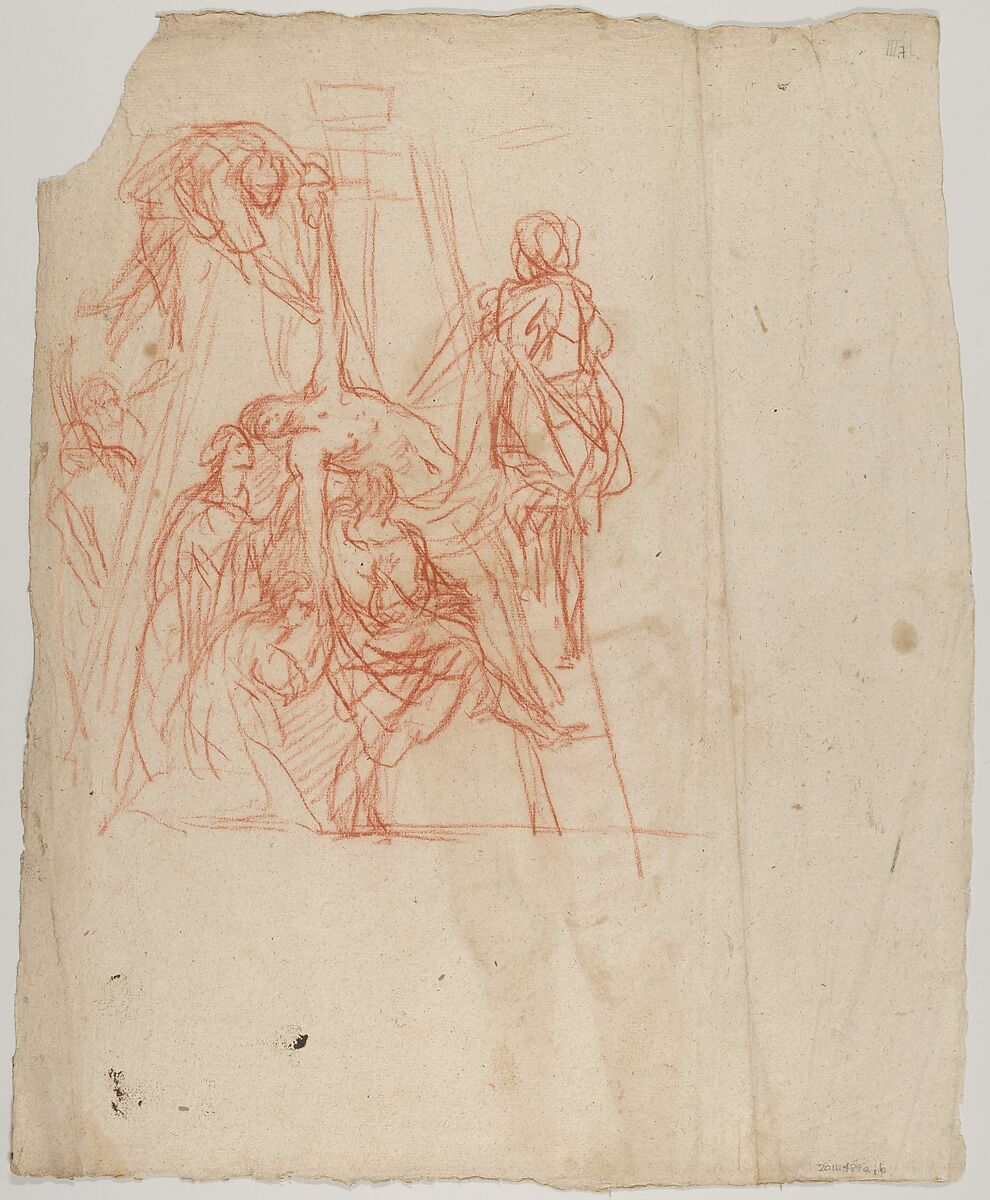 Study of a Standing Commander Holding a Staff; verso: Study of the Descent from the Cross, Cornelis Schut (Flemish, Antwerp 1597–1655 Antwerp), Black chalk, brown wash, heightened with white gouache (?); verso: red chalk