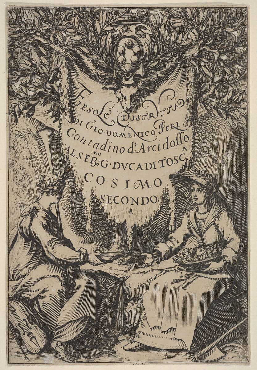 Frontispiece from 'Fiesole Destroyed' ('Fiesole Distrutta'), two seated women, one wearing a laurel wreath and the other wearing a hat crowned with laurel, with the Medici arms and the crown of the grand duchy above, Jacques Callot (French, Nancy 1592–1635 Nancy), Etching 