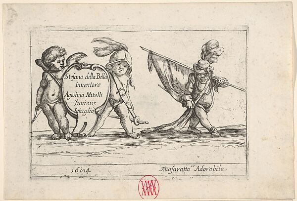 Callot figures; two children carrying a cartouche to left, a dwarf in a plumed hat carrying a standard at right, from 'Six grotesques' (Six pièces de figures grotesques)