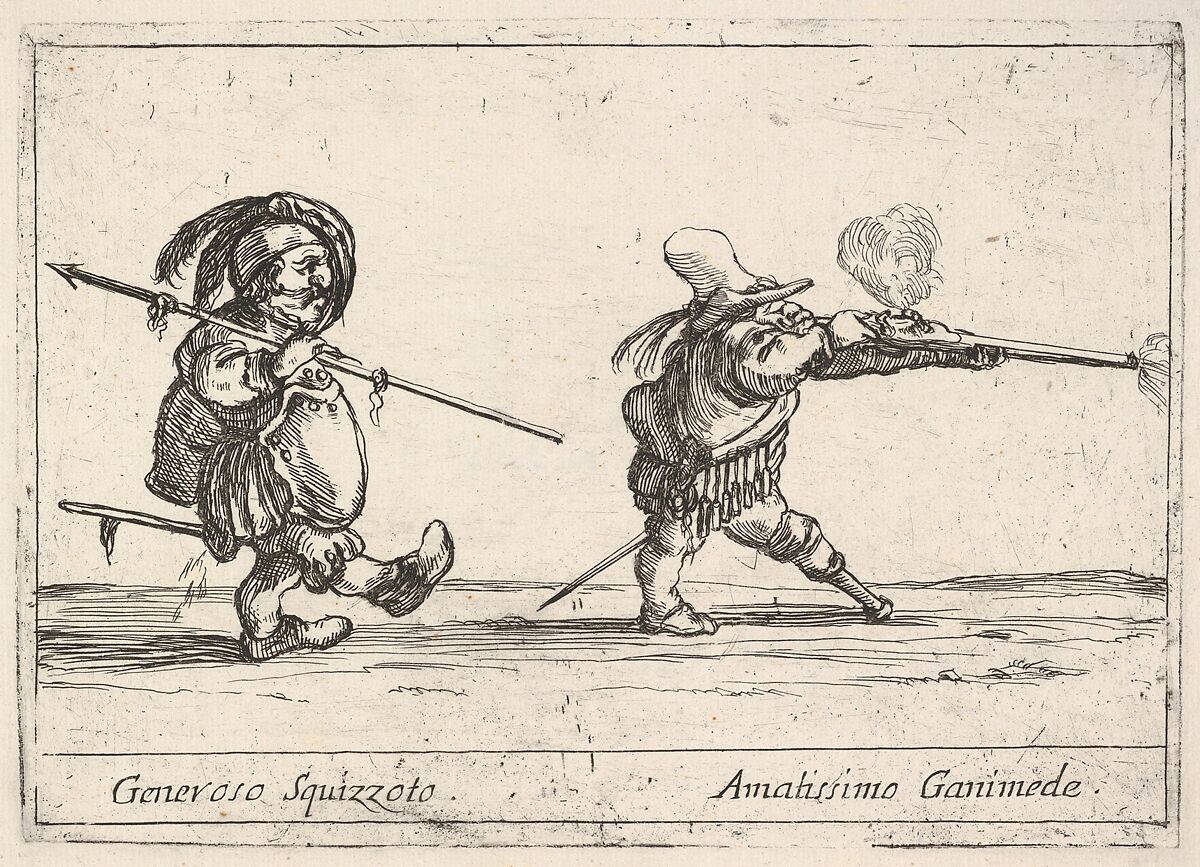 Callot figures; a dwarf man with a spear at left walking towards the right, another dwarf man with a pegleg firing a musket at right, from "Six grotesques" (Six pièces de figures grotesques), Agostino Mitelli II (Italian, 1671–1696), Etching 