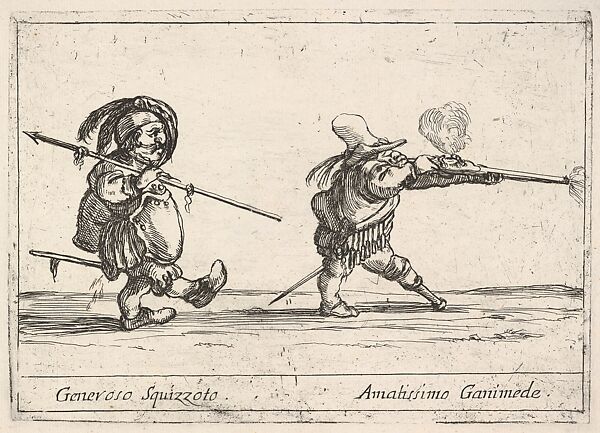 Callot figures; a dwarf man with a spear at left walking towards the right, another dwarf man with a pegleg firing a musket at right, 'Six grotesques' (Six pièces de figures grotesques)