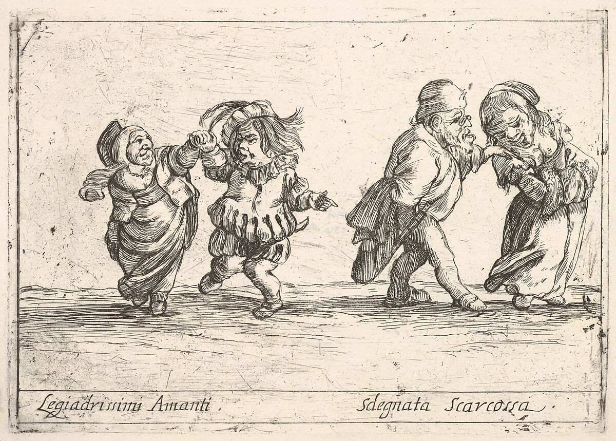 Callot figures; an old dwarf woman dancing with a young dwarf man to left, an old dwarf man touching the shoulder of a young, smiling dwarf woman, from "Six grotesques" (Six pièces de figures grotesques), Agostino Mitelli II (Italian, 1671–1696), Etching 