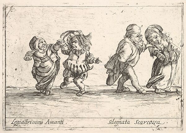 Callot figures; an old dwarf woman dancing with a young dwarf man to left, an old dwarf man touching the shoulder of a young, smiling dwarf woman, from 
