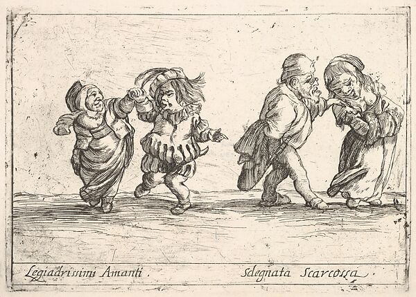 Callot figures; an old dwarf woman dancing with a young dwarf man to left, an old dwarf man touching the shoulder of a young, smiling dwarf woman, from 'Six grotesques' (Six pièces de figures grotesques)