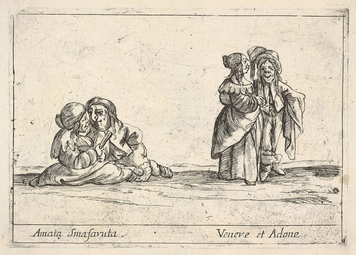 Callot figures; two seated dwarf lovers to left, the woman holding a fan, an old dwarf woman, in profile towards the right, standing with a dwarf man with long hair to right, from 'Six grotesques' (Six pièces de figures grotesques), Agostino Mitelli II (Italian, 1671–1696), Etching 