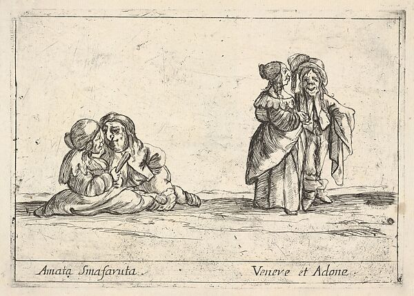 Callot figures; two seated dwarf lovers to left, the woman holding a fan, an old dwarf woman, in profile towards the right, standing with a dwarf man with long hair to right, from 