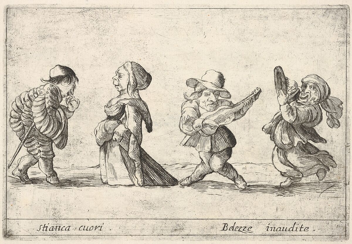 Callot figures; a well-dressed dwarf man to left declaring his love to an old dwarf woman to left, a dwarf man playing the guitar and a dwarf woman dancing with a tambourine to right, from Six grotesques (Six pièces de figures grotesques), Agostino Mitelli II (Italian, 1671–1696), Etching 
