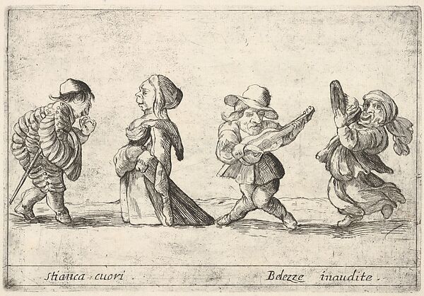 Callot figures; a well-dressed dwarf man to left declaring his love to an old dwarf woman to left, a dwarf man playing the guitar and a dwarf woman dancing with a tambourine to right, from Six grotesques (Six pièces de figures grotesques)