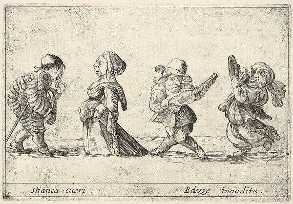 Callot figures; a well-dressed dwarf man to left declaring his love to an old dwarf woman to left, a dwarf man playing the guitar and a dwarf woman dancing with a tambourine to right, from Six grotesques (Six pièces de figures grotesques)