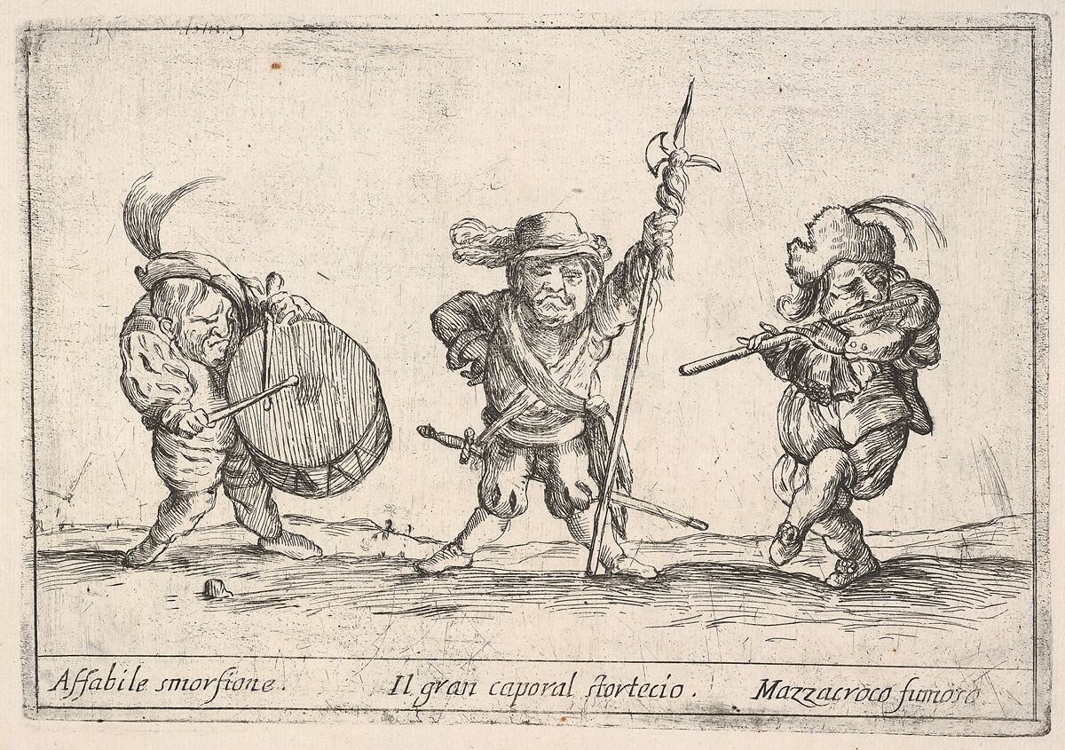 Callot figures; a dwarf man playing the drum at left, a beefeater in center, a flute player to right, from "Six grotesques" (Six pièces de figures grotesques), Agostino Mitelli II (Italian, 1671–1696), Etching 