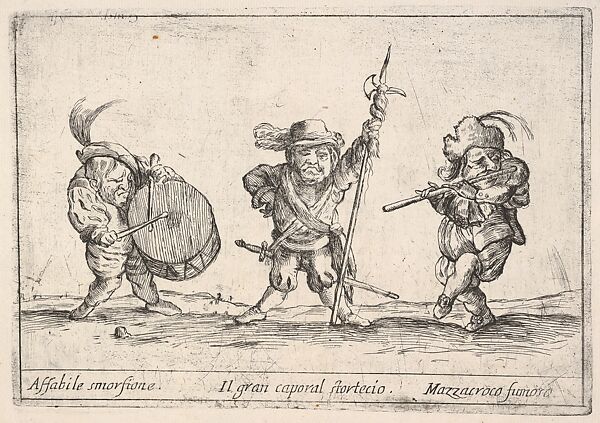 Callot figures; a dwarf man playing the drum at left, a beefeater in center, a flute player to right, from 