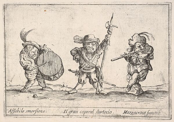 Callot figures; a dwarf man playing the drum at left, a beefeater in center, a flute player to right,'Six grotesques' (Six pièces de figures grotesques)