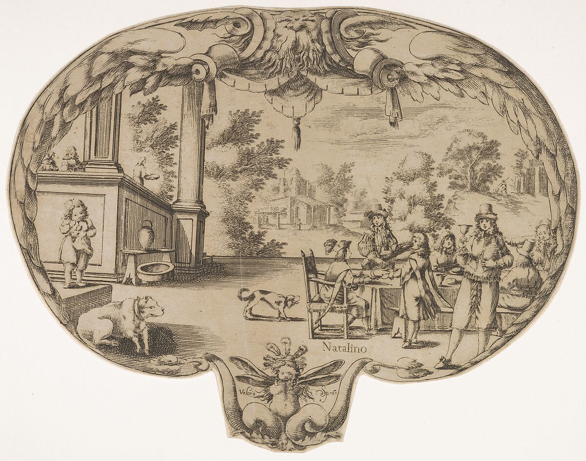Fan design, with figures eating outdoors, Valerio Spada (Italian, Valdasa, 1613–1688), Etching, silhouetted around the perimeter 