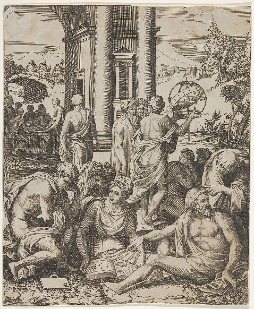 Assembly of male and female scholars gathered around an open book, in the middle ground a man holds aloft an armillary sphere, another group of scholars in the background, Circle/School of Marco Dente (Italian, Ravenna, active by 1515–died 1527 Rome), Engraving 