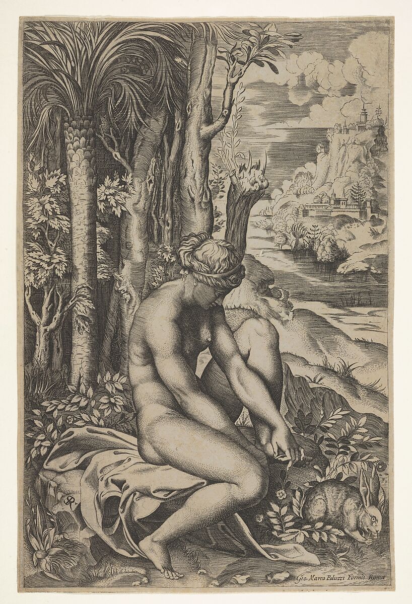 Venus removing a thorn from her left foot while seated on a cloth beside trees and foliage, a hare eating grass before her, Marco Dente (Italian, Ravenna, active by 1515–died 1527 Rome), Engraving 