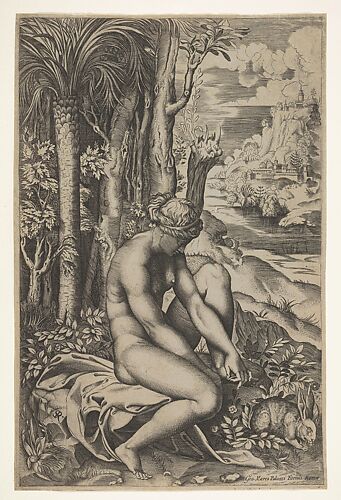 Venus removing a thorn from her left foot while seated on a cloth beside trees and foliage, a hare eating grass before her