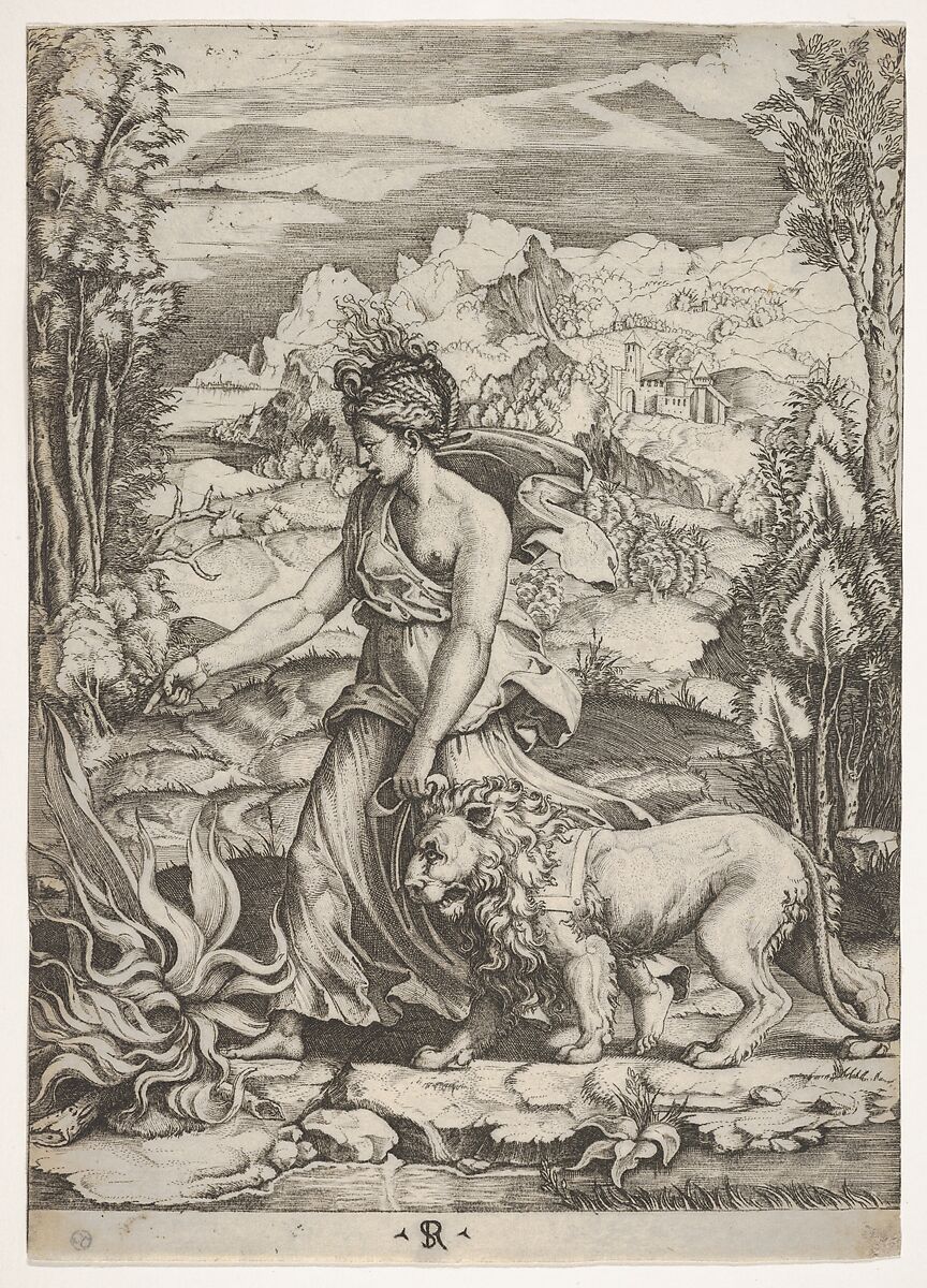 Fortitude in profile view walking toward a fire at left and leading a harnessed lion, a landscape in the background, Marco Dente (Italian, Ravenna, active by 1515–died 1527 Rome), Engraving 