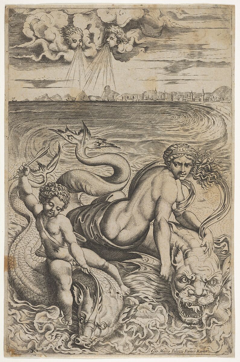 Venus and Cupid riding two sea monsters, Cupid raises an arrow in his right hand, two heads representing wind in the clouds above, Marco Dente (Italian, Ravenna, active by 1515–died 1527 Rome), Engraving 