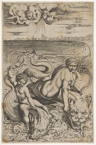 Venus and Cupid riding two sea monsters, Cupid raises an arrow in his right hand, two heads representing wind in the clouds above