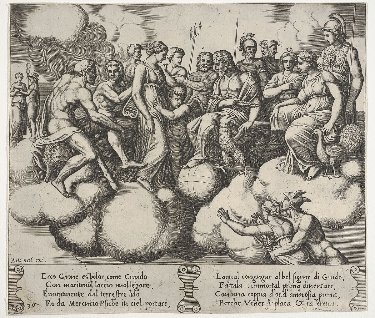 Plate 30: Cupid and Psyche plead their cases before the Gods, from the 'Fable of Cupd and Psyche', Master of the Die (Italian, active Rome, ca. 1530–60), Engraving 
