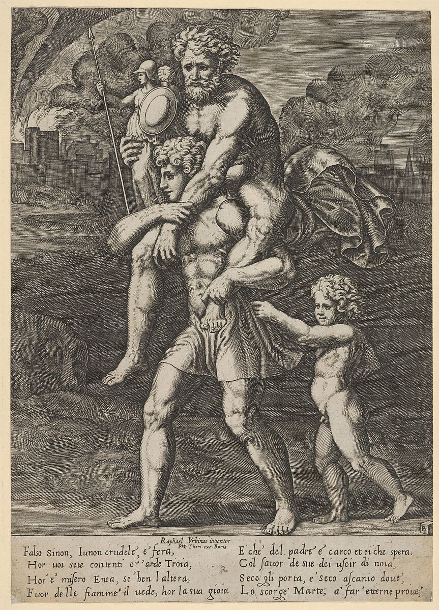 Aeneas carrying Anchises on his shoulders while Troy burns in the background, Master of the Die (Italian, active Rome, ca. 1530–60), Engraving 