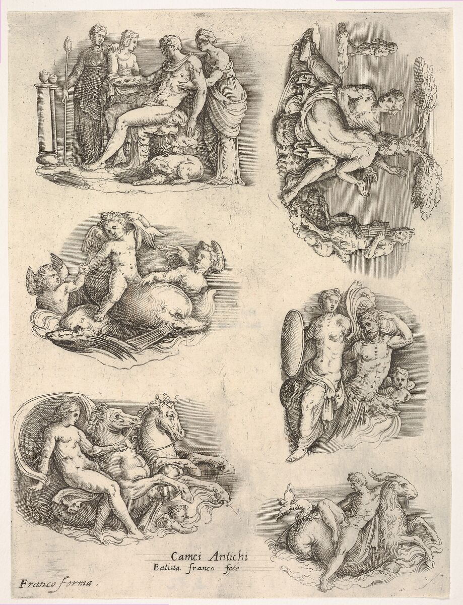 Six subjects after antique cameos: female figures tending to a seated male figure; putti and dolphins; female figure holding the reins of a pair of rearing horses; intertwined naked figures flanked by music-playing satyrs; triton with shield-bearing female figure; naked male figure seated on goat-headed sea creature, Battista Franco (Italian, Venice ca. 1510–1561 Venice), Etching 