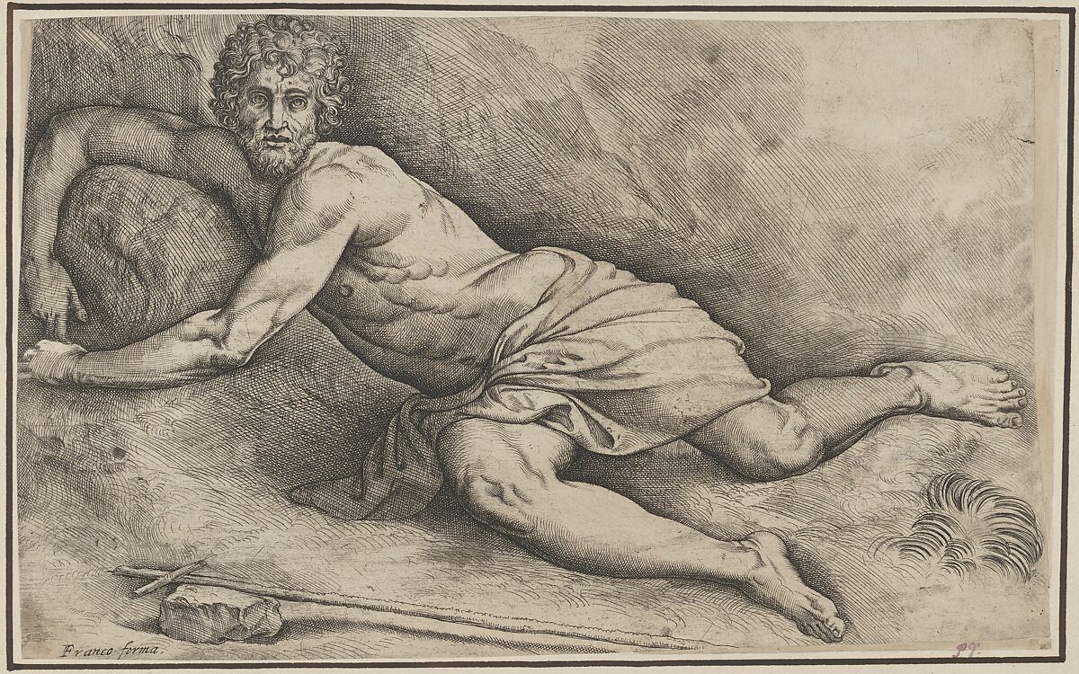 John the Baptist, lying on the ground naked except for a cloth covering his thighs, with his right arm curled around a rock, a reed cross lies on a rock in the foreground, Battista Franco (Italian, Venice ca. 1510–1561 Venice), Etching and engraving; first proof 