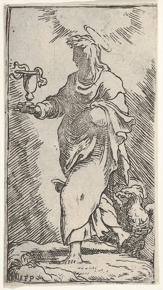 St. John the Evangelist, striding in three-quarter view toward the left and holding a chalice with snakes in his right hand, an eagle stands behind his right leg, Master F. P. (Italian, active 16th century), Etching 