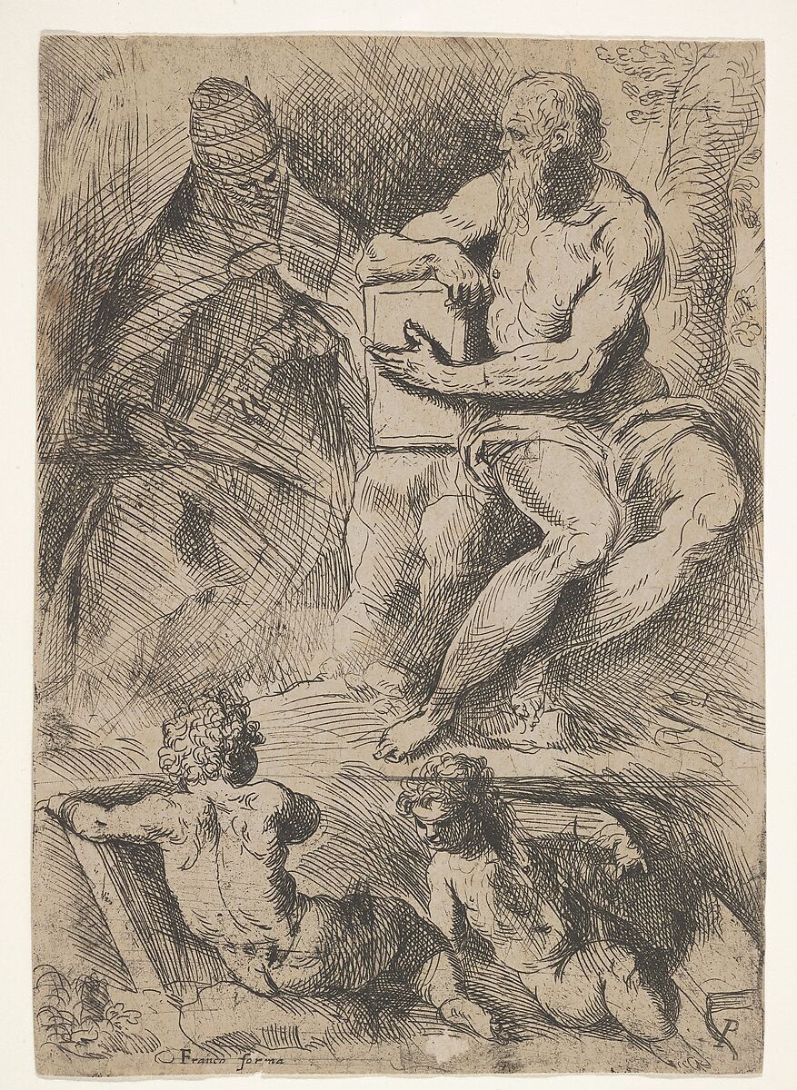 Sheet of studies with St. Jerome, seated at right and resting his right forearm on a book, at left an ecclesiastical figure wearing a cope and miter, and at bottom two putti, Jacopo Palma the Younger (Italian, Venice ca. 1548–1628 Venice), Etching 