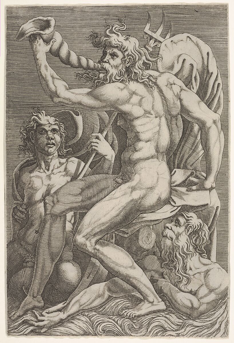 Seated Neptune holding a conch shell to his mouth, accompanied by a seated triton and another emerging from the water at bottom right, Attributed to Giorgio Ghisi (Italian, Mantua ca. 1520–1582 Mantua), Engraving 