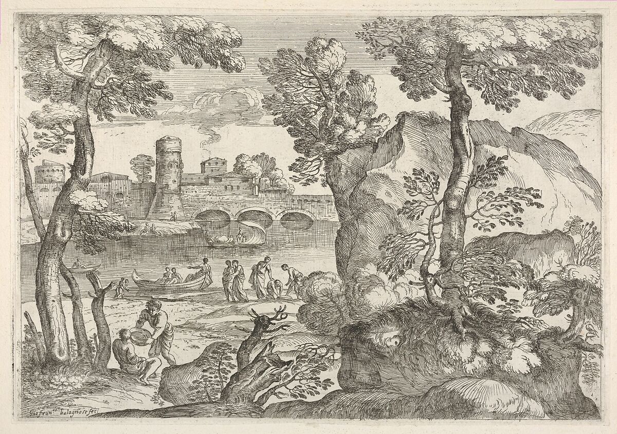 Landscape with bridge traversing a river occupied with three small boats, one of which is encroaching the near river bank, in the foreground are a rocky outcrop and a figure lifting a circular dish above a seated figure, Giovanni Francesco Grimaldi (Italian, Bologna 1606–1680 Rome), Etching 