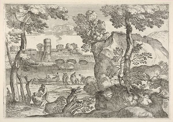 Landscape with bridge traversing a river occupied with three small boats, one of which is encroaching the near river bank, in the foreground are a rocky outcrop and a figure lifting a circular dish above a seated figure