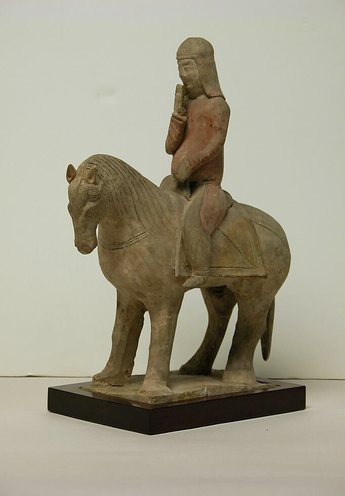 Mounted musician (one of two), Earthenware with pigment, China