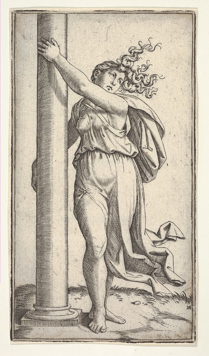 A young woman personifying Force or Strength holding a column, Marcantonio Raimondi (Italian, Argini (?) ca. 1480–before 1534 Bologna (?)), Engraving 