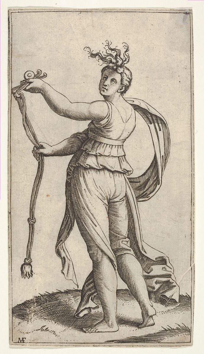 A woman representing Temperance holding a bit facing left, Marcantonio Raimondi (Italian, Argini (?) ca. 1480–before 1534 Bologna (?)), Engraving 