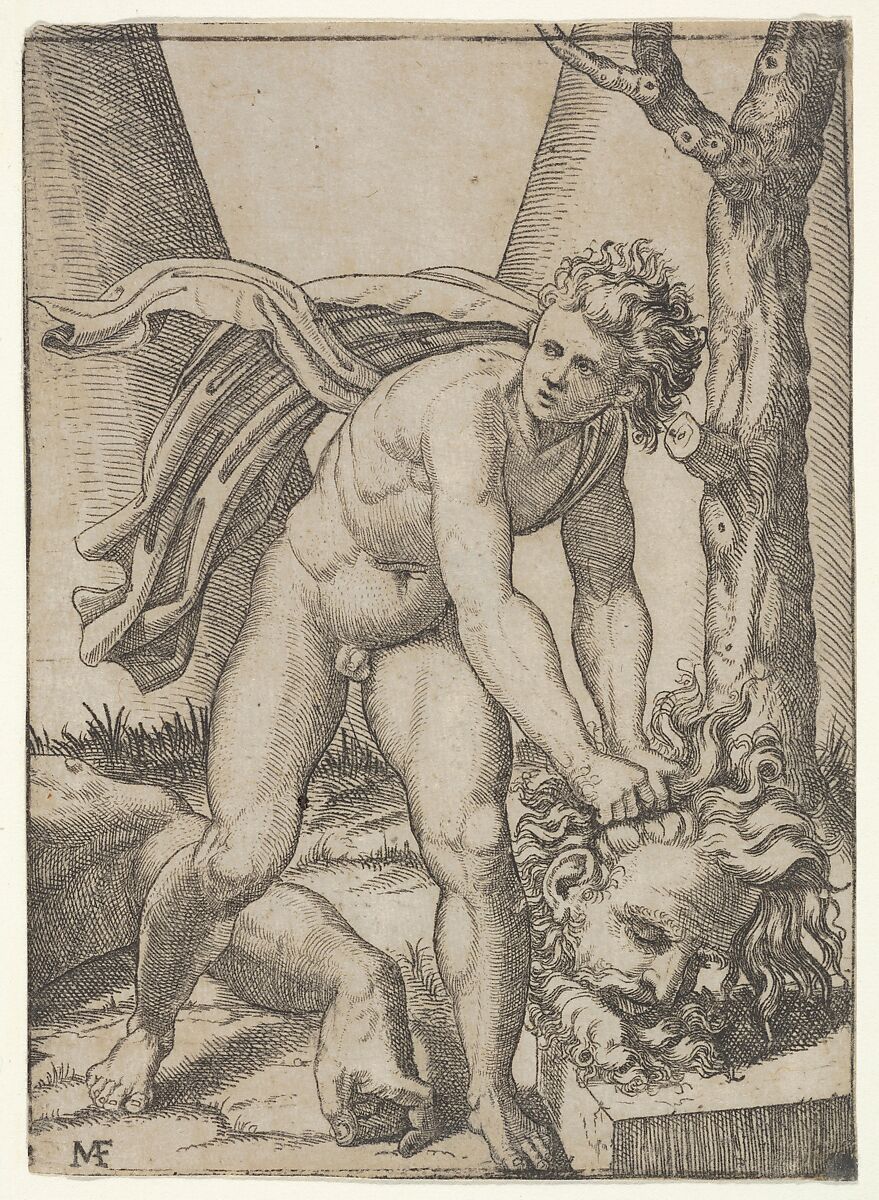 David with the head of Goliath, Marcantonio Raimondi (Italian, Argini (?) ca. 1480–before 1534 Bologna (?)), Etching and engraving 