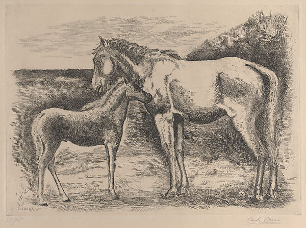 Mare and Foal, Carlo Carrá (Italian, Quargneto 1881–1966 Milan), Etching 