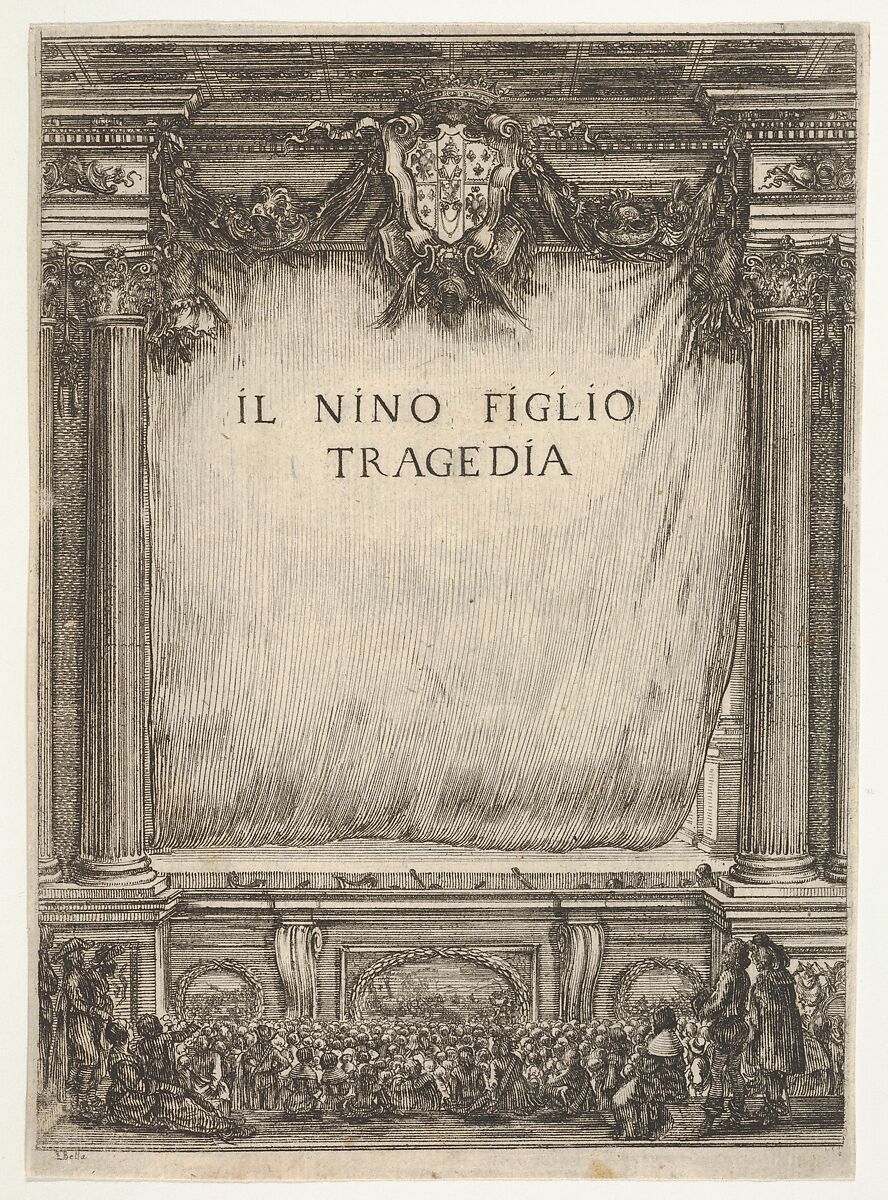 Title page for "The Child Nino" (Il Nino Figlio), a stage with the curtain drawn, the coat of arms of the duke of Modena at top center, spectators below, Stefano della Bella (Italian, Florence 1610–1664 Florence), Etching 