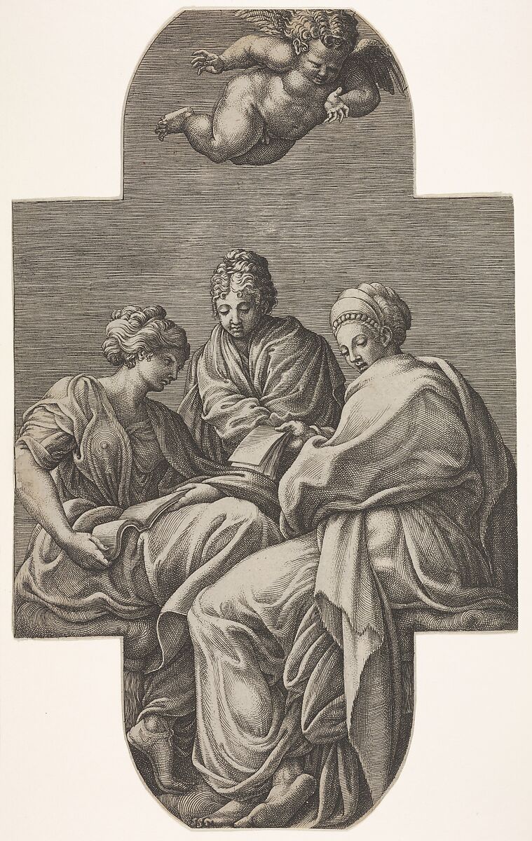 Three Muses seated underneath a flying putto who gestures downward, a cruciform composition, from a series of eight compositions after Francesco Primaticcio's designs for the ceiling of the Ulysses Gallery (destroyed 1738-39) at Fontainebleau, Giorgio Ghisi (Italian, Mantua ca. 1520–1582 Mantua), Engraving 