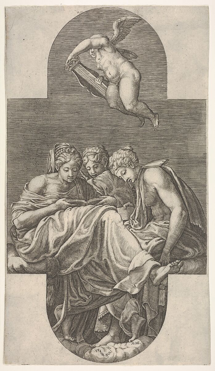Three Muses seated below a flying putto who grasps a lyre with both hands, a cruciform composition, from a series of eight compositions after Francesco Primaticcio's designs for the ceiling of the Gallery of Ulysses (destroyed 1738-39) at Fontainebleau, Giorgio Ghisi (Italian, Mantua ca. 1520–1582 Mantua), Engraving 