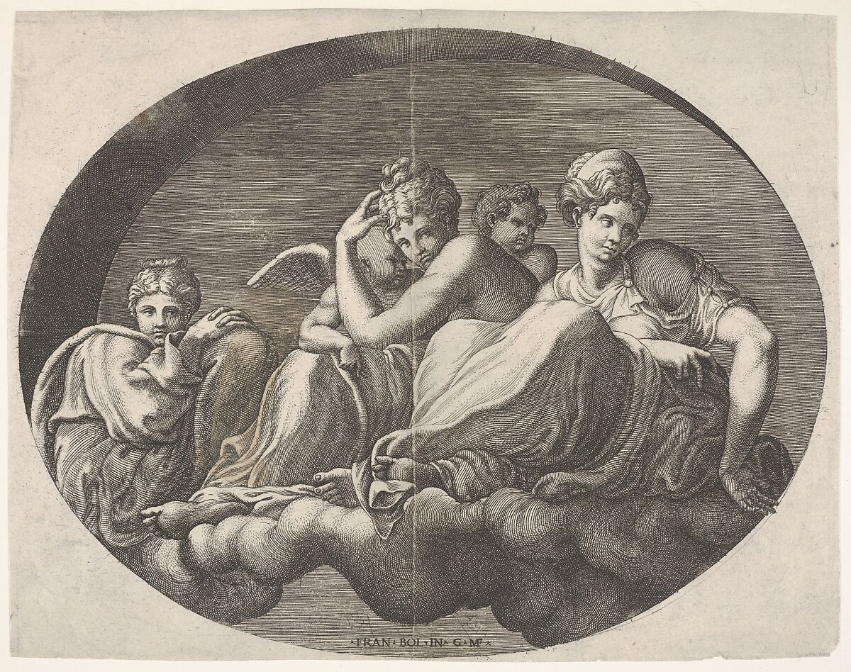 Venus and Cupid and two other goddesses seated on a cloud under an arch and accompanied by a putto, an oval composition, from a series of eight compositions after Francesco Primaticcio's designs for the ceiling of the Ulysses Gallery (destroyed 1738-39) at Fontainebleau, Giorgio Ghisi (Italian, Mantua ca. 1520–1582 Mantua), Engraving 